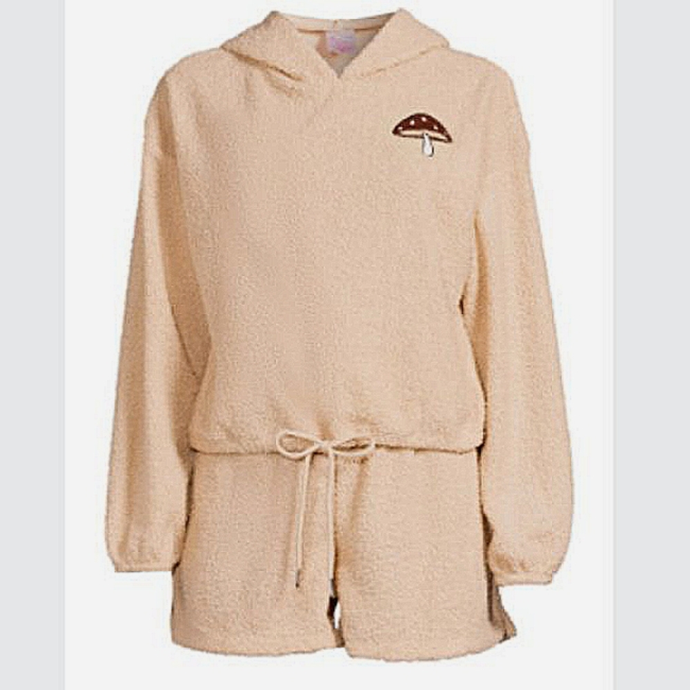 Women XS New Teddy Hoodie & Shorts Relax Lounge Set 2-Piece light brown stretchy